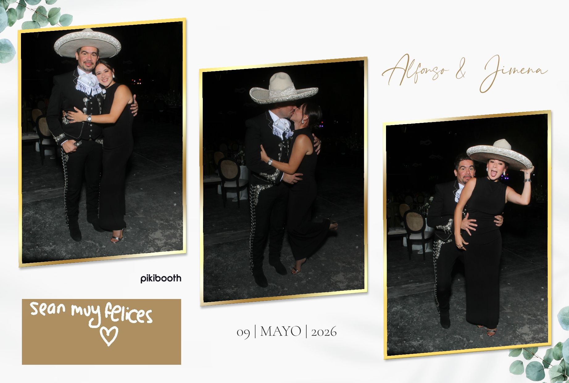 Impresión Pikibooth de boda charra: tres fotos de los novios con sombrero y diseño personalizado con sus nombres