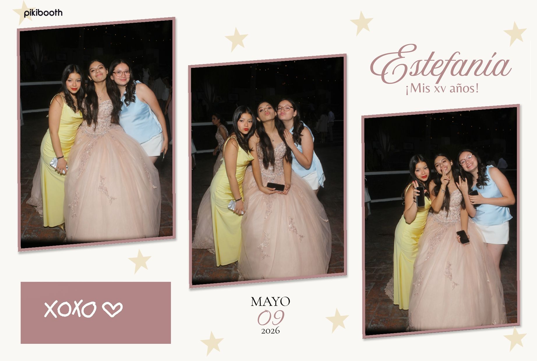 Impresión Pikibooth de XV años: tres fotos de la quinceañera con sus amigas y diseño personalizado con estrellas